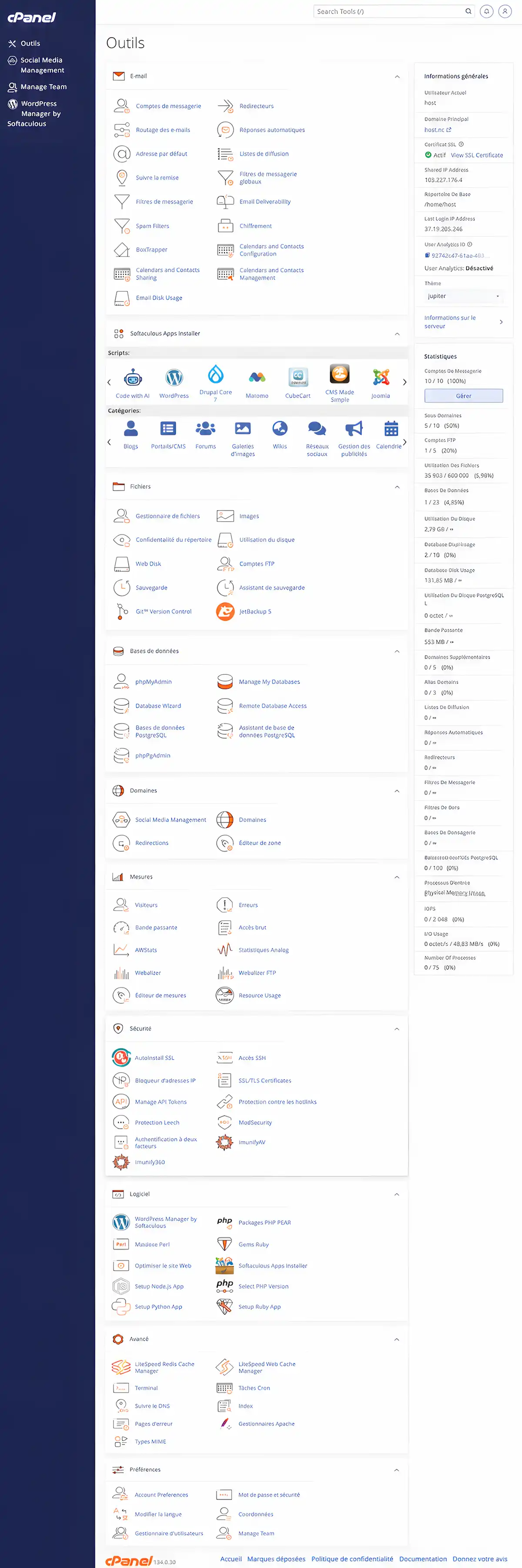 Aperçu de l’interface cPanel en français avec les outils d’hébergement, e-mails, fichiers, domaines, statistiques et sécurité